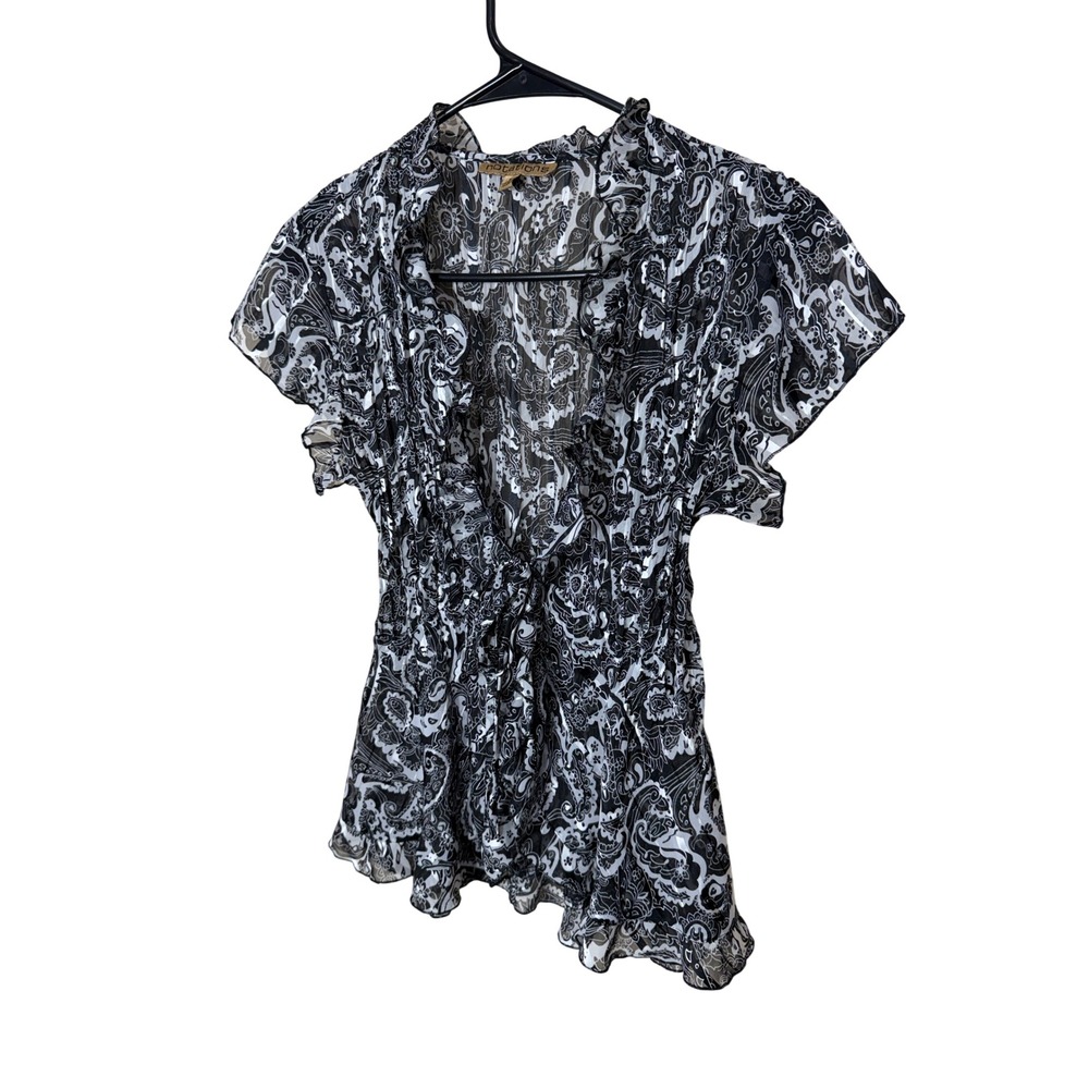 Notations‎ Y2K Small Black White Paisley Sheer Ruffle Tie Front Cardigan Top